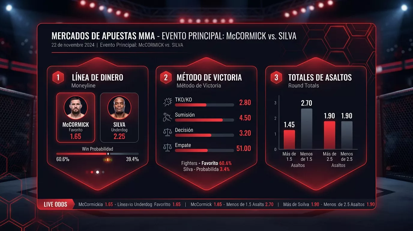 Mercados de apuestas MMA con cuotas de ganador, método de victoria y asaltos